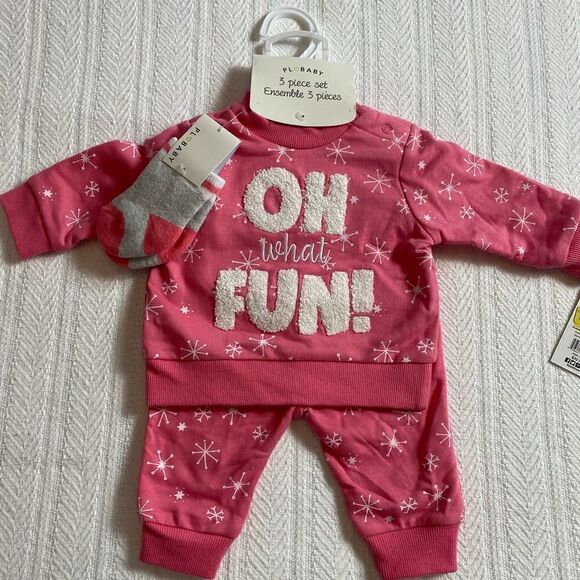 PL BABY Girl 3 Months 3 Piece OH WHAT FUN! Embroidered Long Sleeve Top Set - Picture 1 of 6